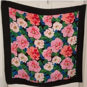 Black and pink floral square satin scarf